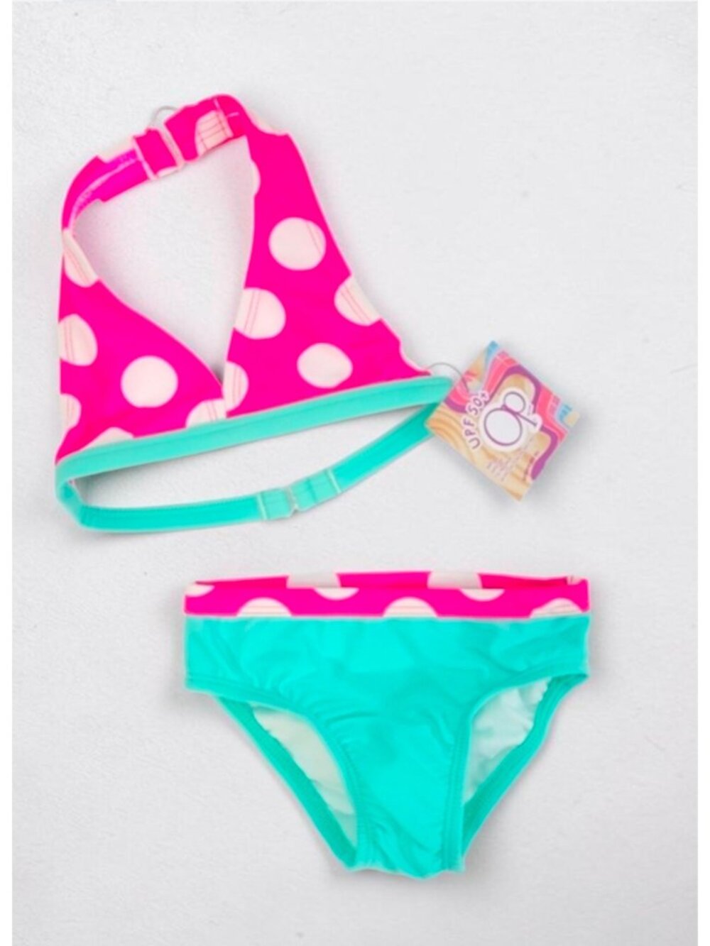 Polka Dot Halter Bikini Set Pink & Aqua Girls Swimwear UPF 50+ Protection
